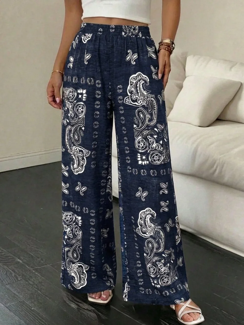 Navy Blue Boho Women's Long Printed Maxi Trousers - Picture 4 of 7